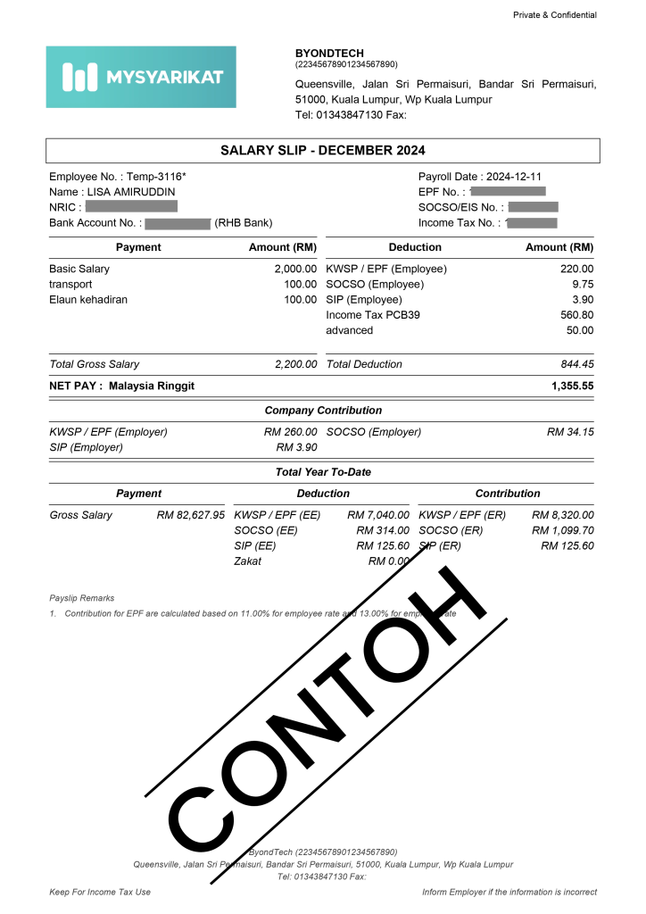 Contoh slip gaji dijana sistem MySyarikat